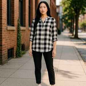 Kate Kasin Womens Small Black White Plaid Roll Up Sleeve Pullover Tunic Blouse S